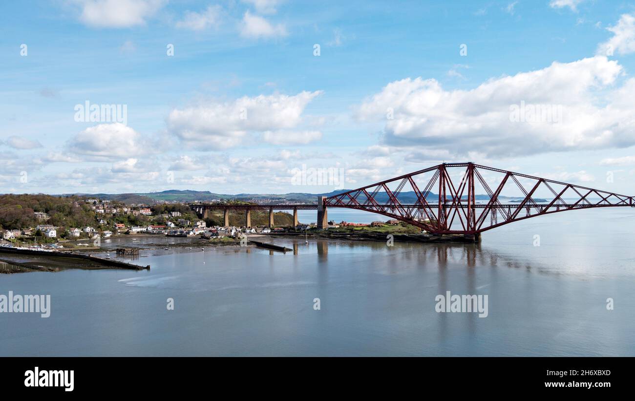 The Forth Rail Bridge and North Queensferry, seen from the adjacent road Bridge, a short detour of the Fife Coastal Path.. Stock Photo