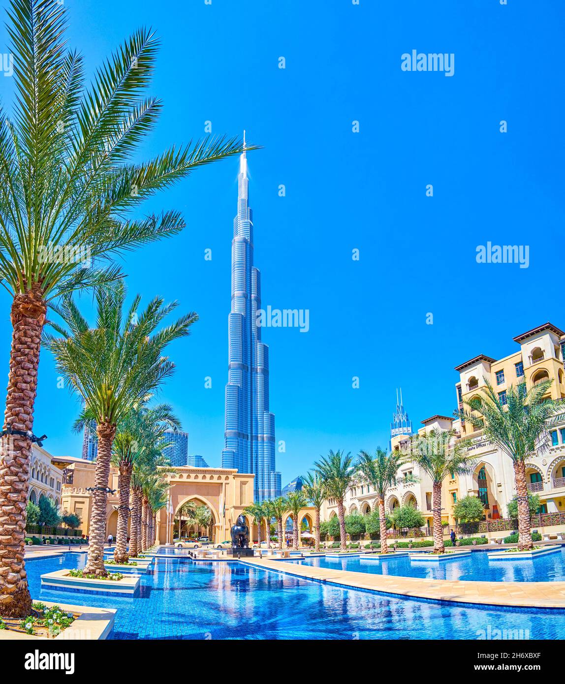 DUBAI, UAE - MARCH 3, 2020: The famous tourist attraction Burj Khalifa and luxury Old Town Island complex in traditional Arabic style, on March 3 in D Stock Photo