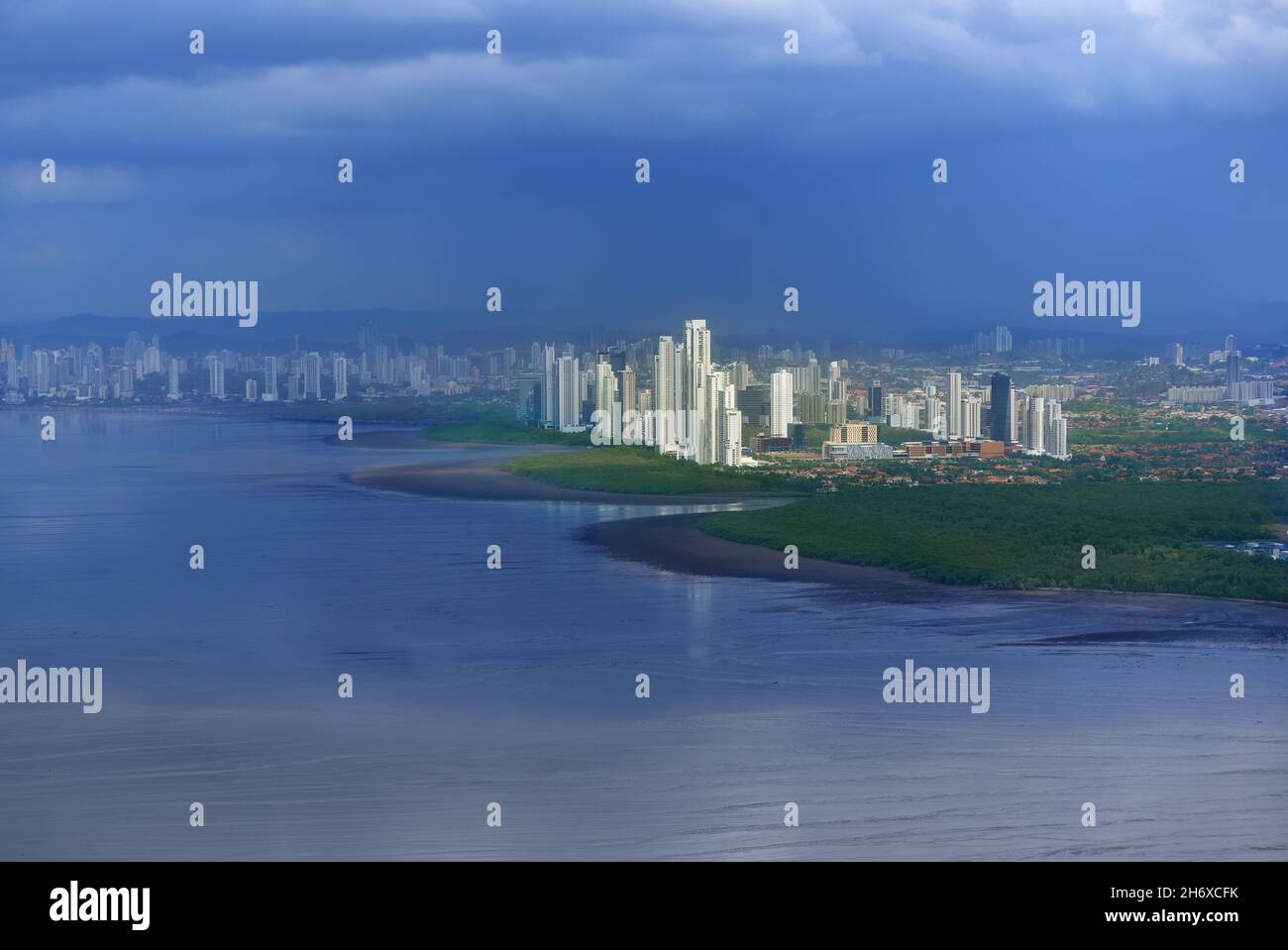 Aerial view of the skyline of Panama City and the Pacific Ocean. Panama Stock Photo
