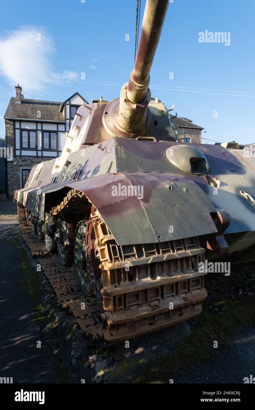 Stoumont, Belgium - October 29, 2021. This German Tiger II tank (Panzer VI B-type or King Tiger) was left by Peiper's 1st SS Panzer Regiment when it h Stock Photo