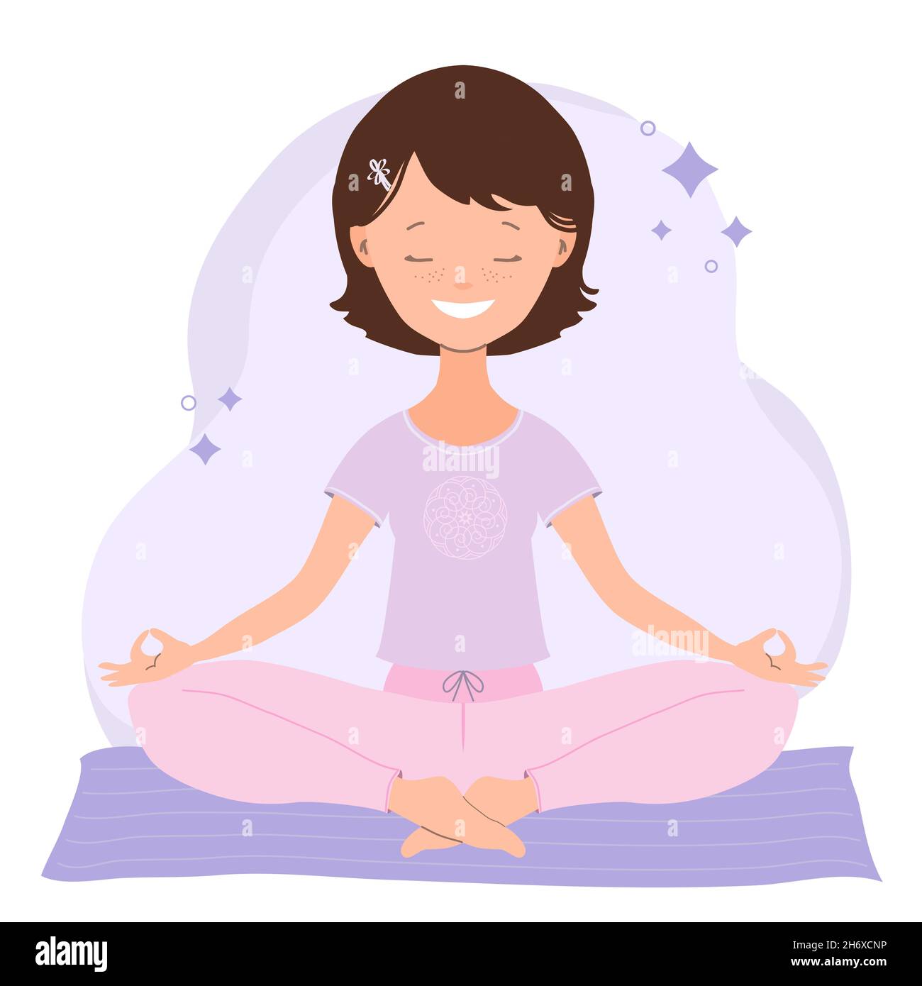 Young woman practicing yoga in lotus pose. Cheerful Yoga Girl mediteiting. Concept illustration for yoga, meditation, relax, recreation, healthy lifes Stock Vector