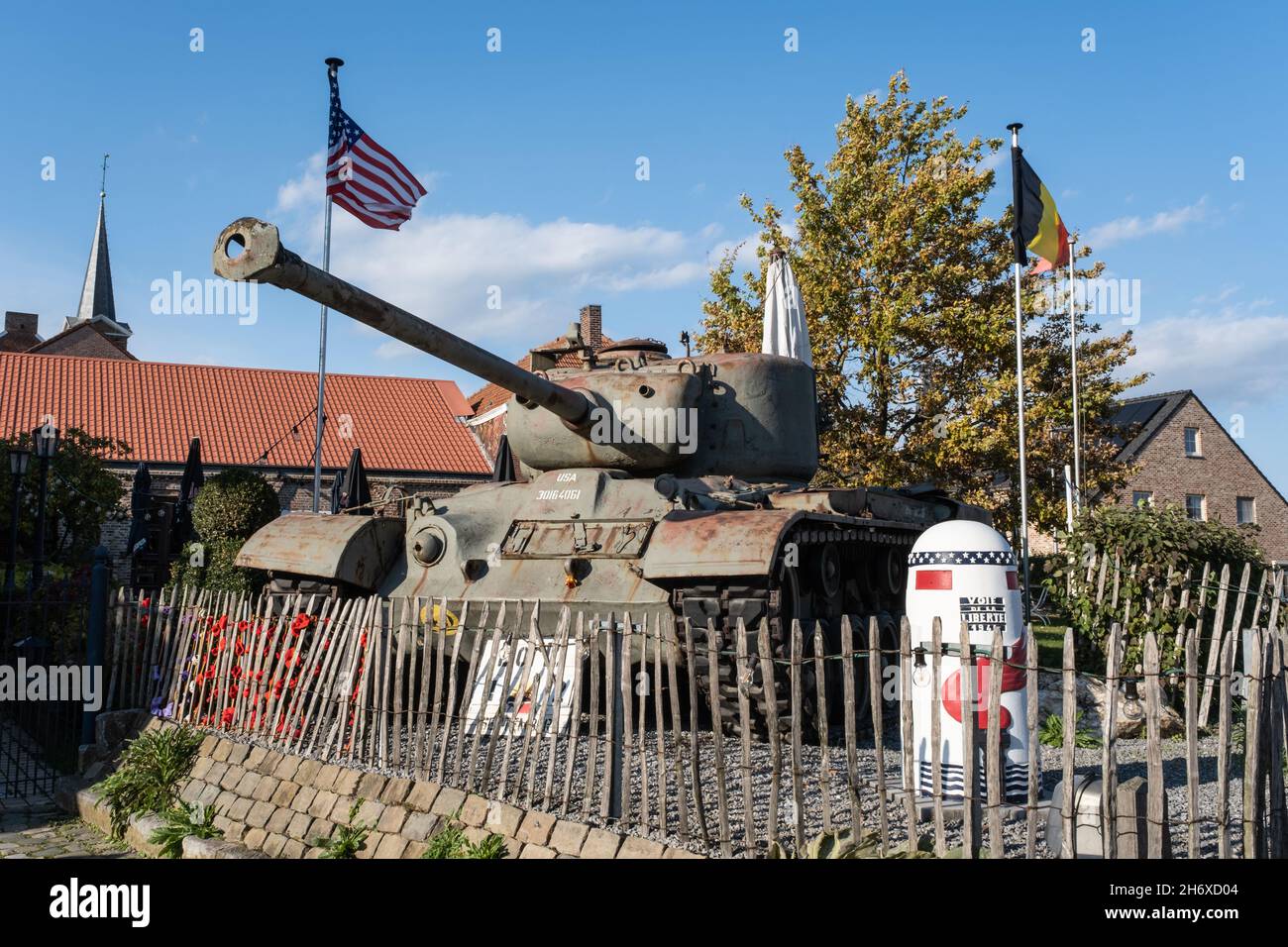 Gingelom, Belgium - October 29, 2021. A Sherman M4A4 tank in front of the Winter 1944 museum in Borlo. Limburg Province. Selective focus Stock Photo