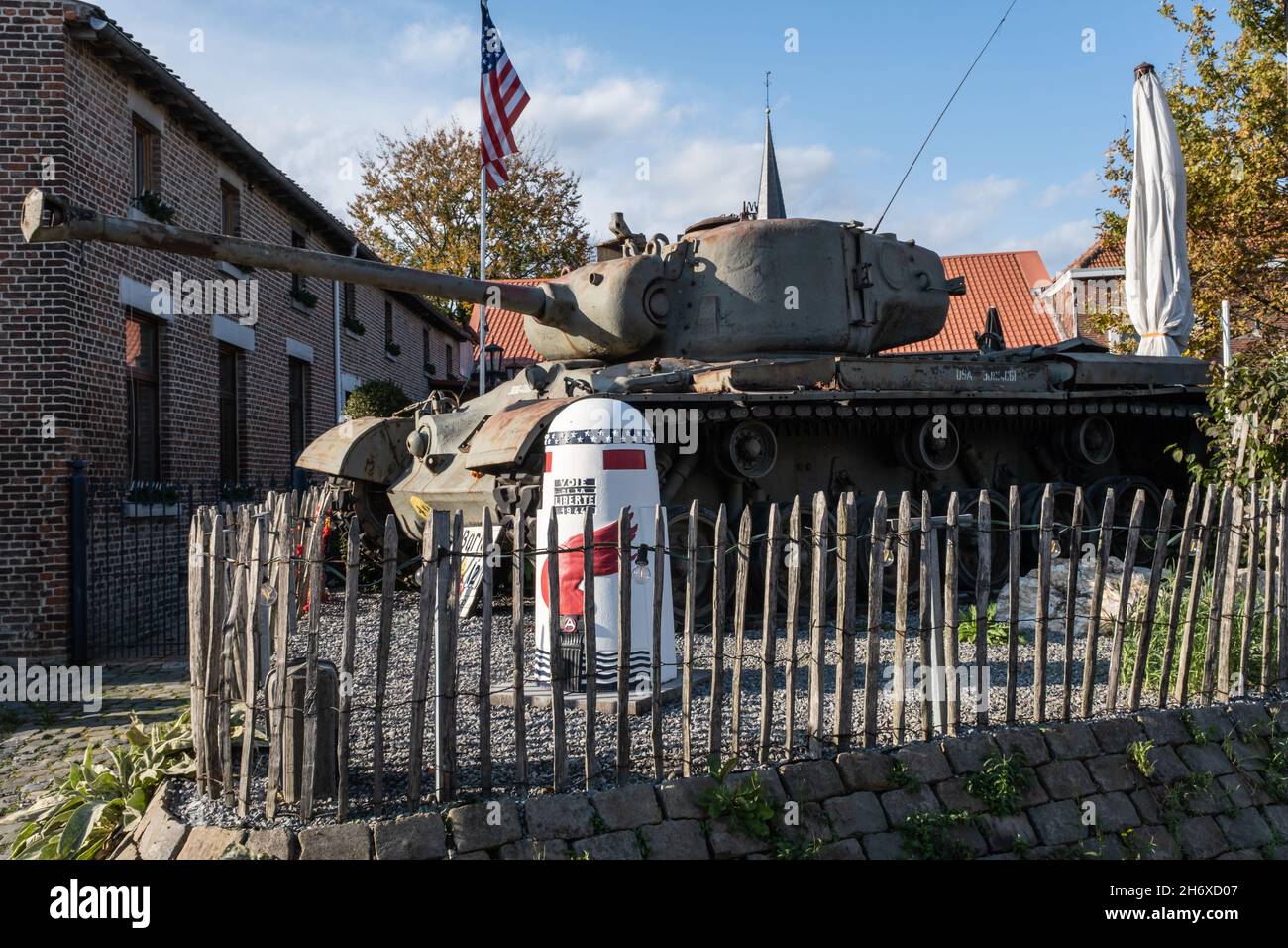 Gingelom, Belgium - October 29, 2021. A Sherman M4A4 tank in front of the Winter 1944 museum in Borlo. Limburg Province. Selective focus Stock Photo