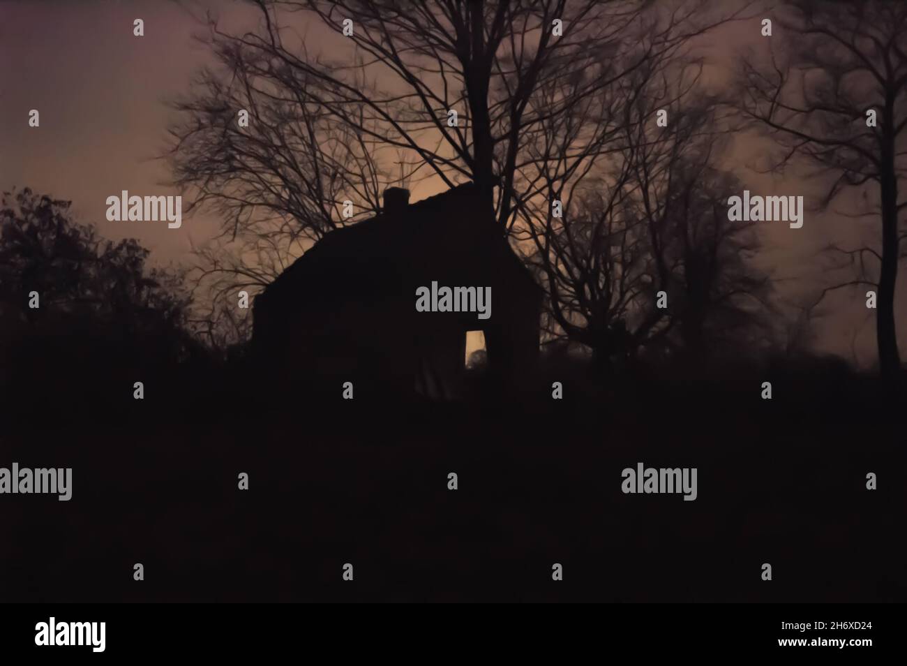 old haunted house in a dark cold night. Treeline is illuminated by