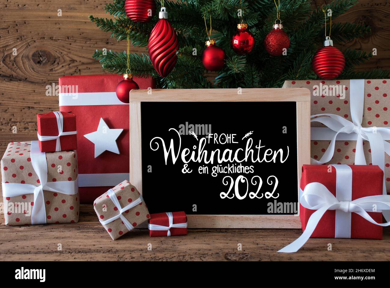 Christmas Tree, Gift, Text Glueckliches 2022 Means Happy 2022 Stock Photo