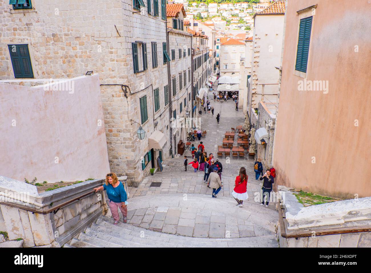 Descending view, Jesuit Stairs, Grad, old town, Dubrovnik, Croatia Stock Photo