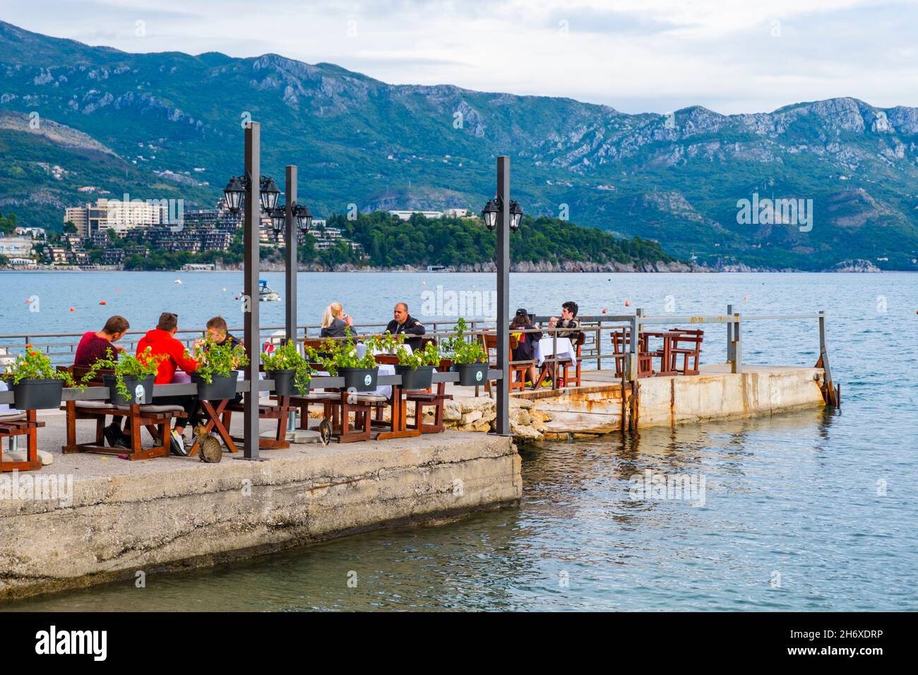 Restaurant on a pier, Budva, Montenegro, Europe Stock Photo