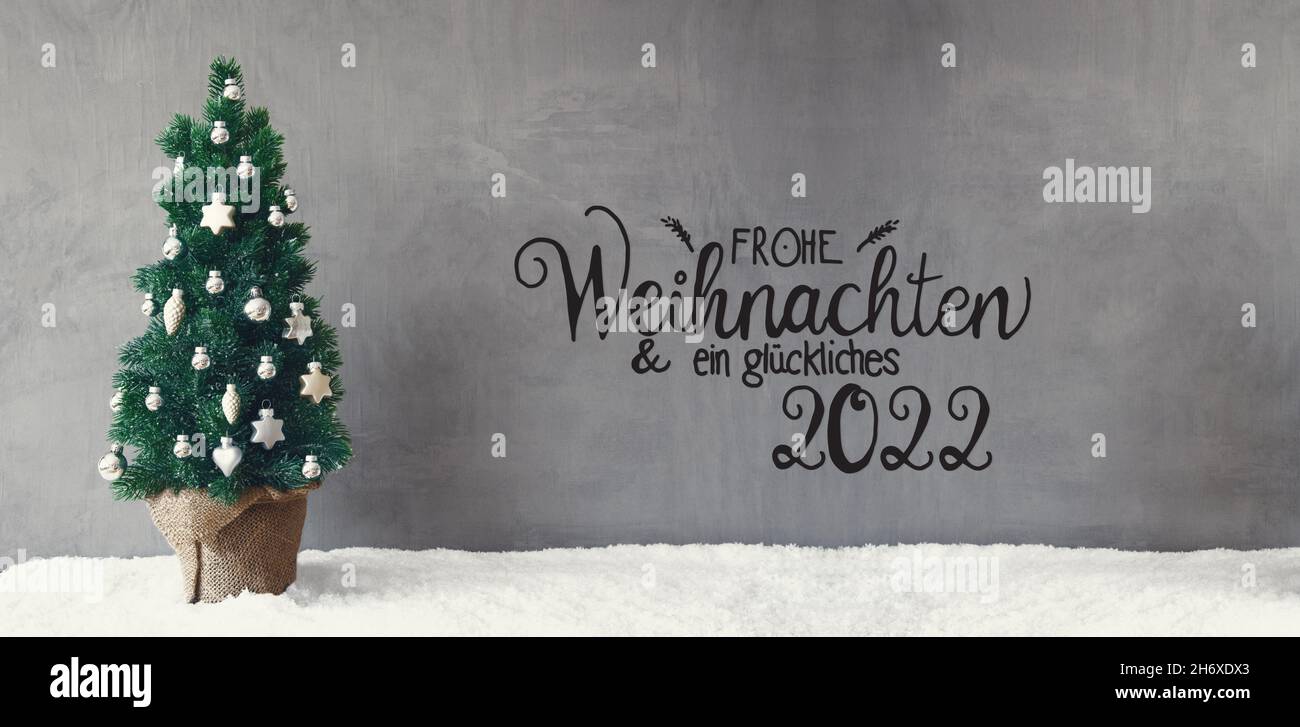 Christmas Tree, Silver Ball, Snow, Glueckliches 2022 Means Happ 2022 Stock Photo
