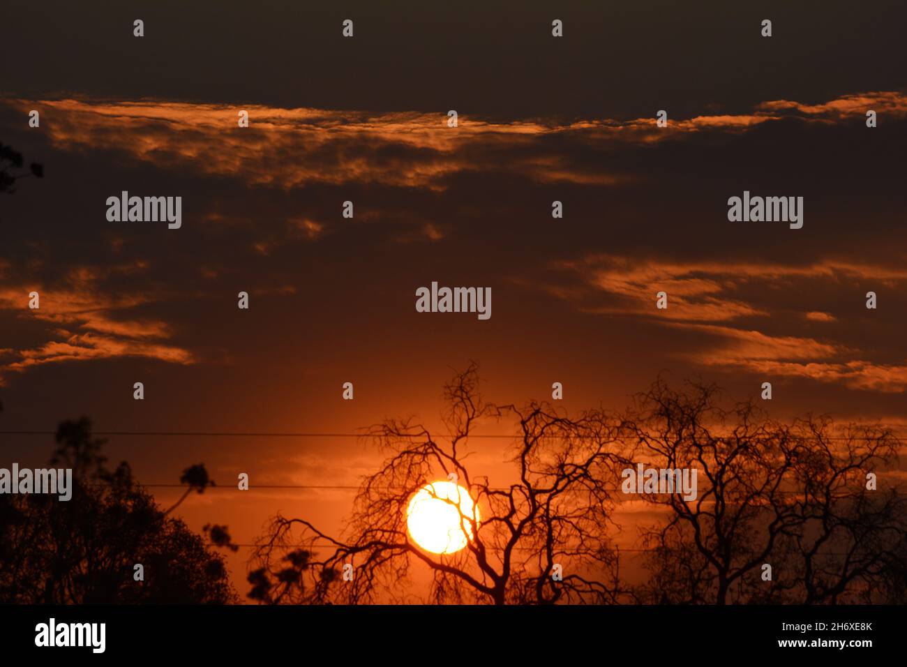The glowing sun sets in the African countryside Stock Photo