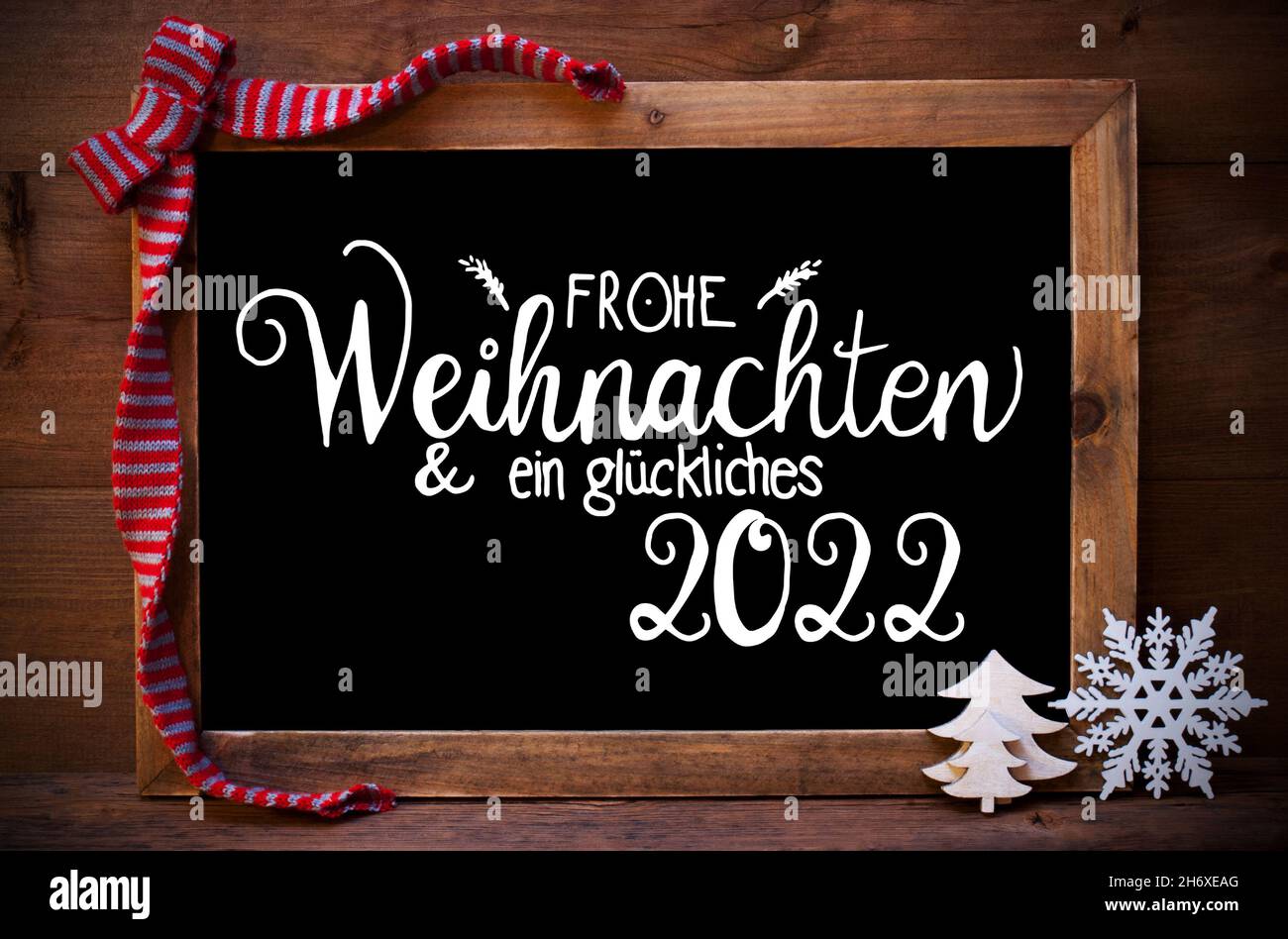 Chalkboard, Christmas Decoration, Tree, Glueckliches 2022 Means Happy 2022 Stock Photo