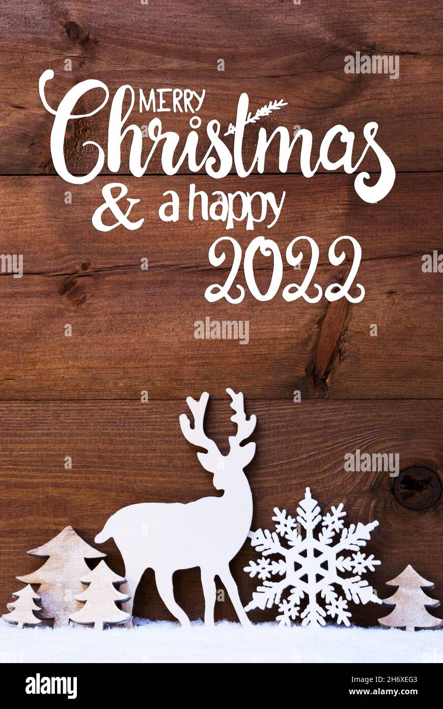 Christmas Tree, Snow, Deer, Merry Christmas And Happy 2022 Stock Photo