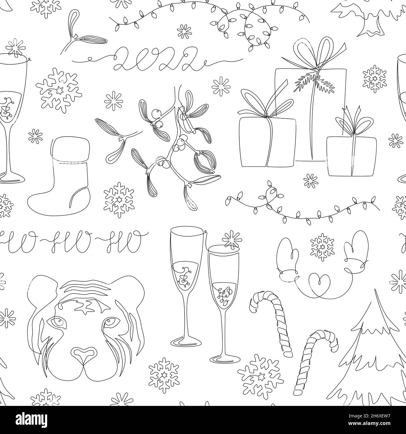 Xmas 2022 seamless pattern in continuous one line drawing style. Christmas tree, tiger head, mistletoe, gifts, lights, and champagne goblets. Modern Stock Vector