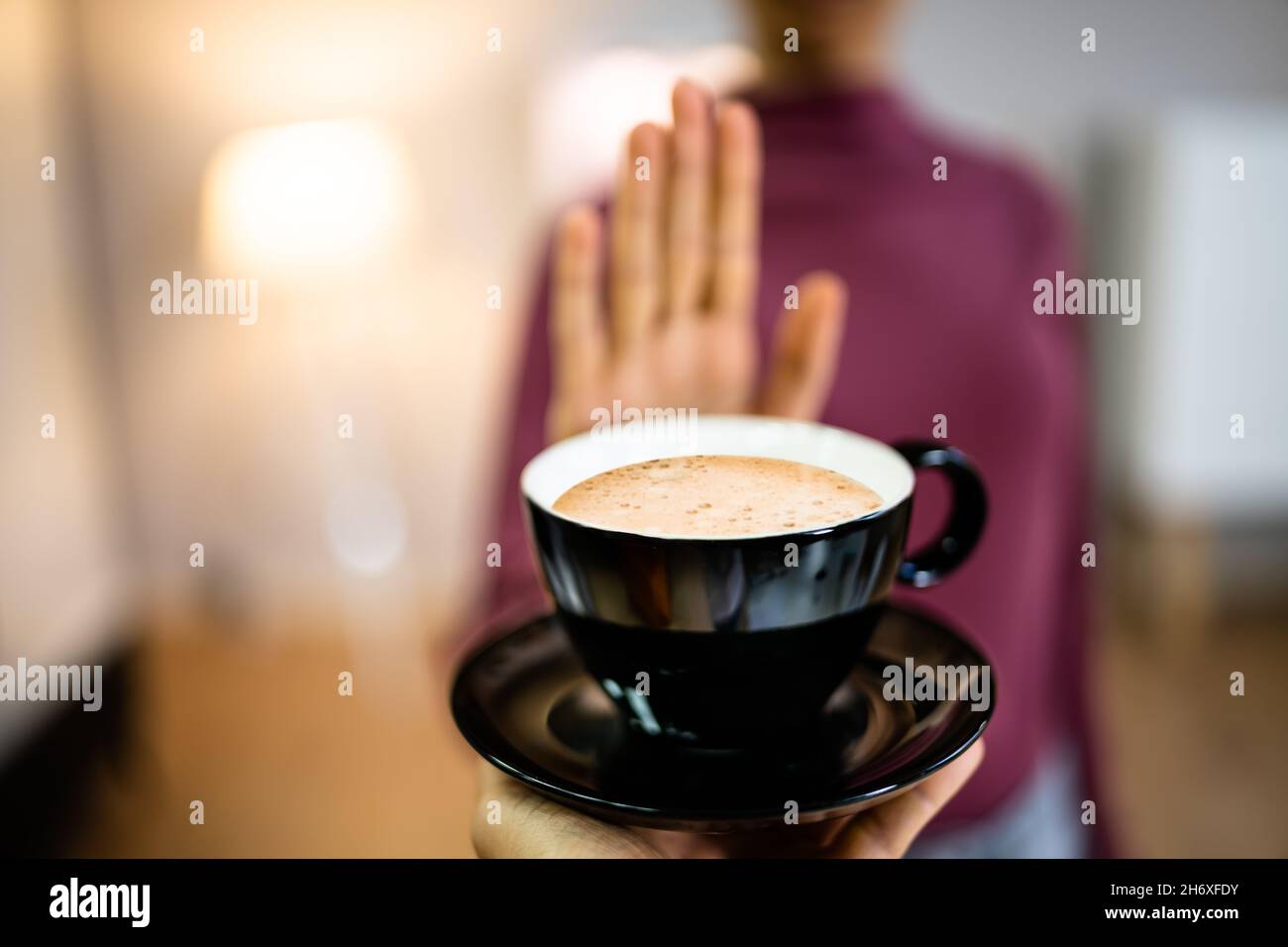 Avoid Coffee. Female With Heartburn Refusing Drink Stock Photo Alamy