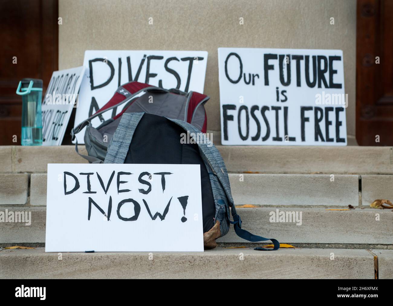 Divestment Day of Action, 16 Nov. 2021. Massachusetts Institute of Technology (MIT). About 50 students and faculty gathered on the steps of the MIT Walker Memorial Building and marched through the MIT campus in Cambridge, MA, to the Student Center to protest MIT’s endowment investing in fossil fuel companies. Stock Photo