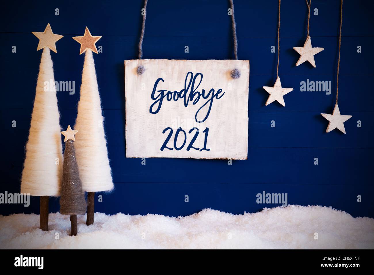Christmas Tree, Blue Background, Snow, Text Goodbye 2021 Stock Photo