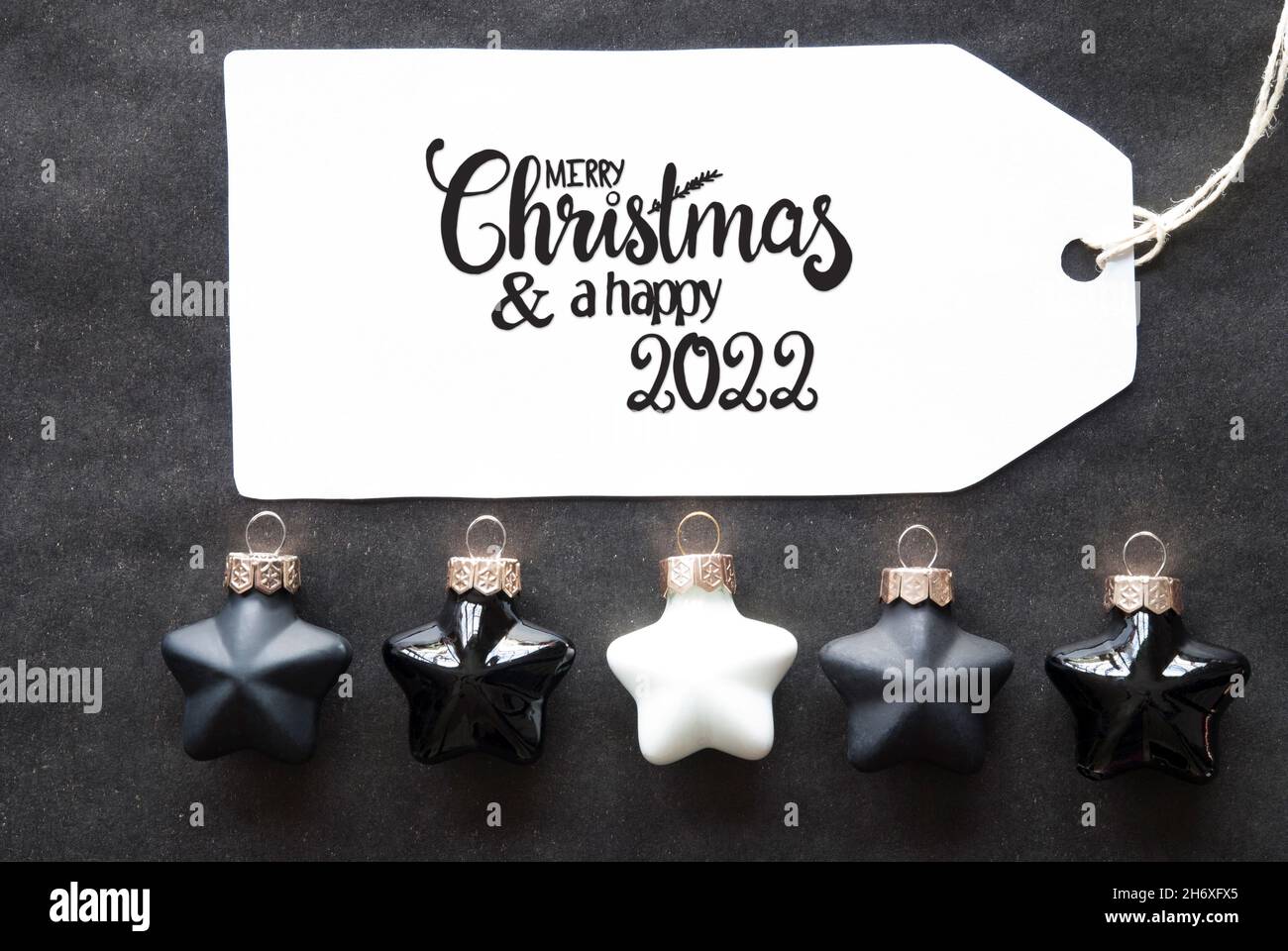 Black Christmas Ball, Label, Merry Christmas And A Happy 2022 Stock Photo