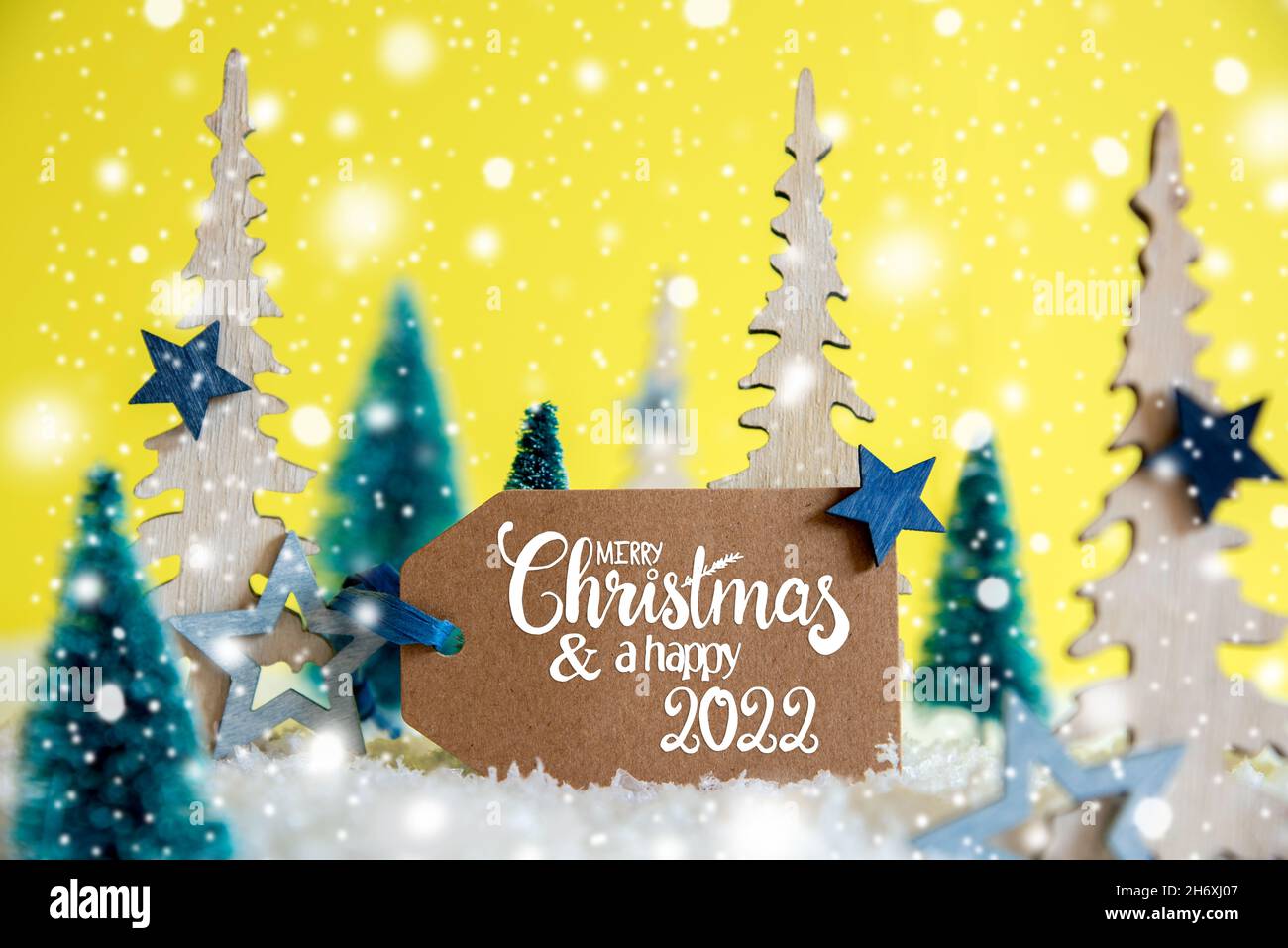Marry Christmas 2022 2019 Trees, Snowflakes, Yellow Background, Label, Merry Christmas And Happy 2022  Stock Photo - Alamy