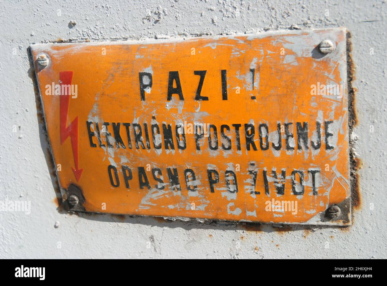 Danger ‘Pazi’ warning sign, Dubrovnik, Croatia. Stock Photo