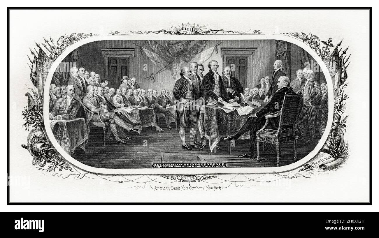 (1818) Declaration of Independence (Trumbull) America USA Engraved by American Bank Note Company New York USA 1776 Declaration of Independence is a oil-on-canvas painting by the American artist John Trumbull depicting the presentation of the draft of the Declaration of Independence to Congress. Stock Photo