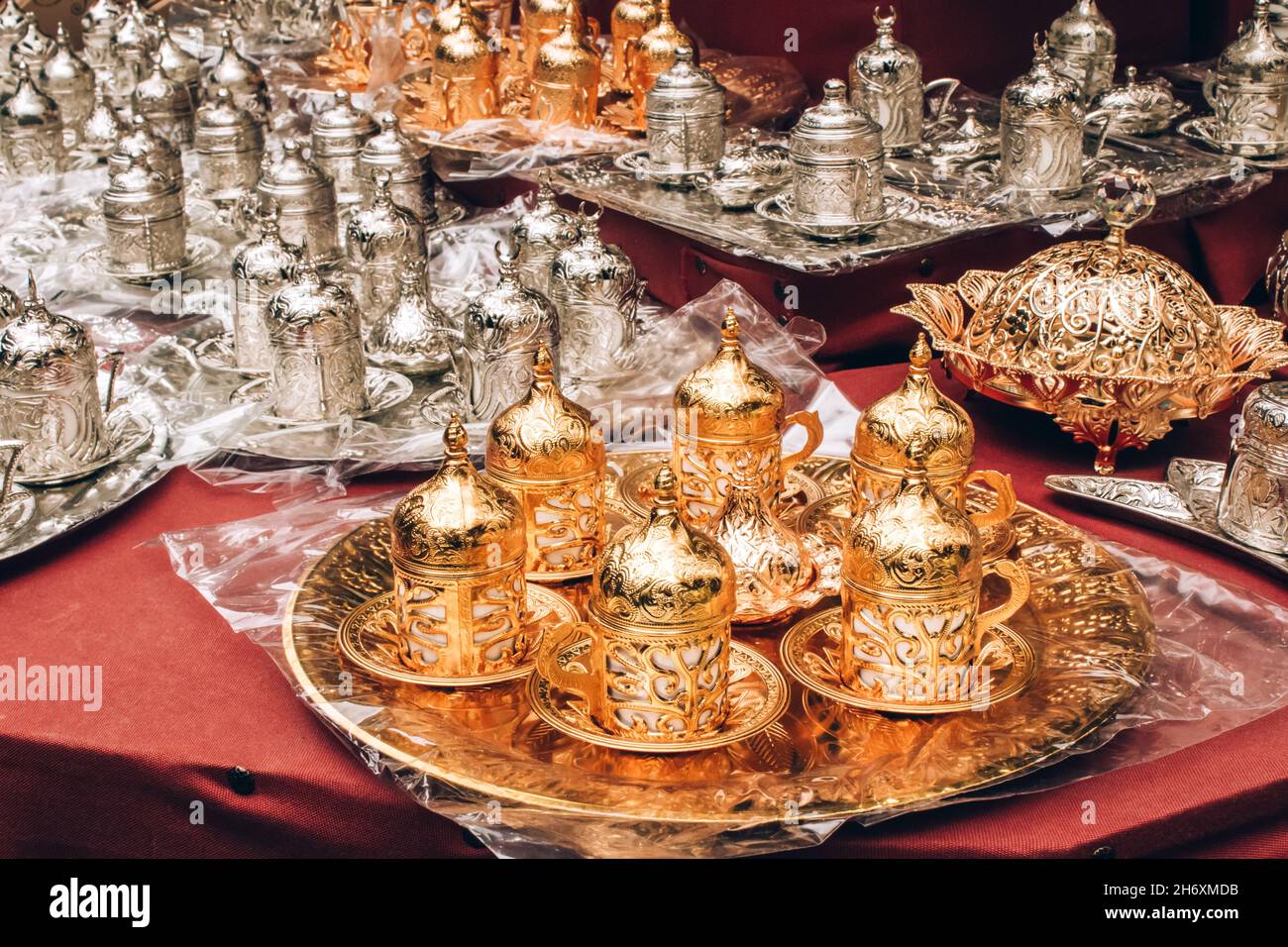 Traditional turkish coffee serving set at souvenir stall. Metal