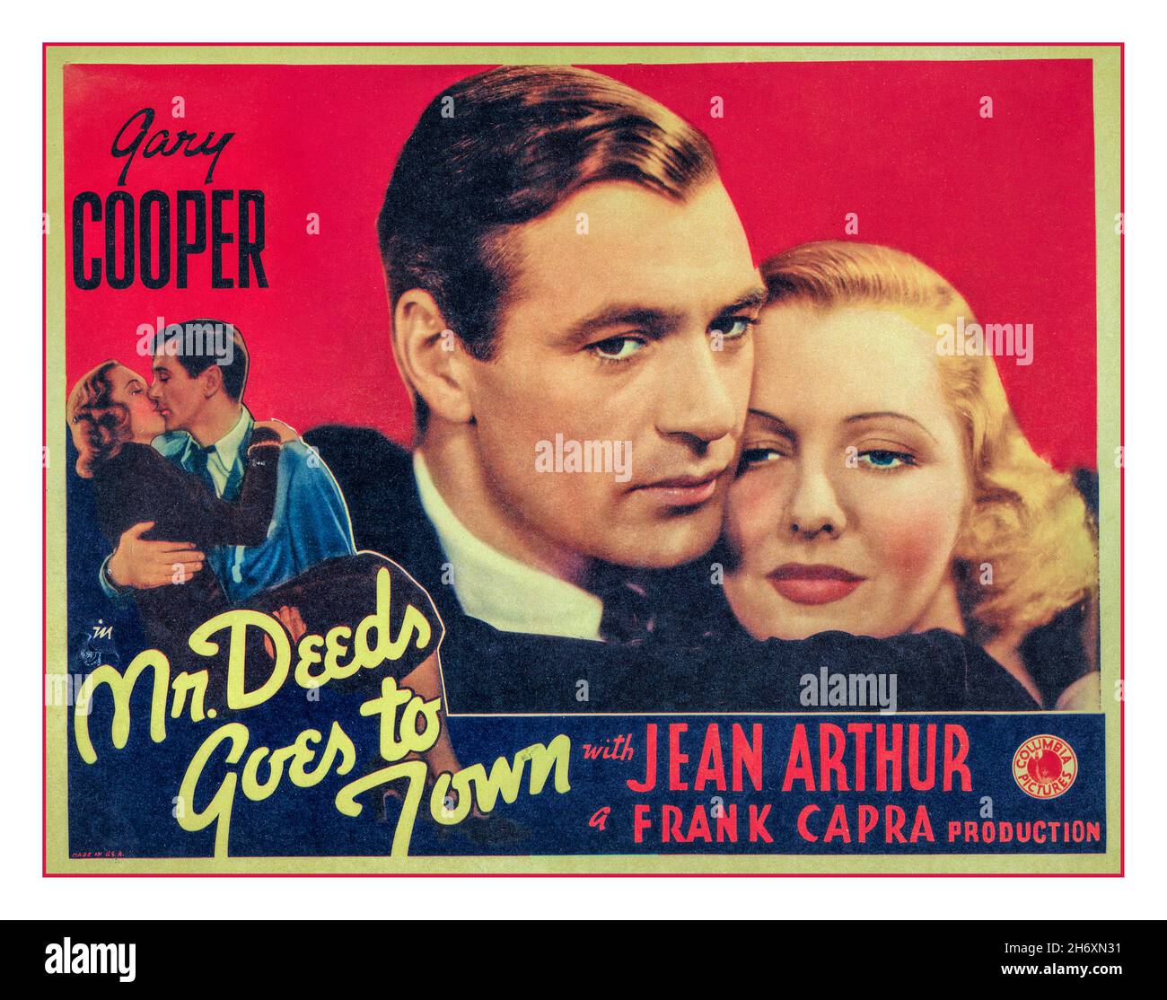 GARY COOPER Vintage 1930s Movie Film Poster Mr. Deeds Goes to Town a 1936 American comedy-drama romance film directed by Frank Capra and starring Gary Cooper and Jean Arthur in her first featured role. Screenplay was written by Robert Riskin in his fifth collaboration with Frank Capra.  starring Gary Cooper as Longfellow Deeds Jean Arthur as Louise 'Babe' Bennett/Mary Dawson George Bancroft as MacWade Lionel Stander as Cornelius Cobb Douglass Dumbrille as John Cedar Raymond Walburn as Walter, the Butler H. B. Warner as Judge May Stock Photo