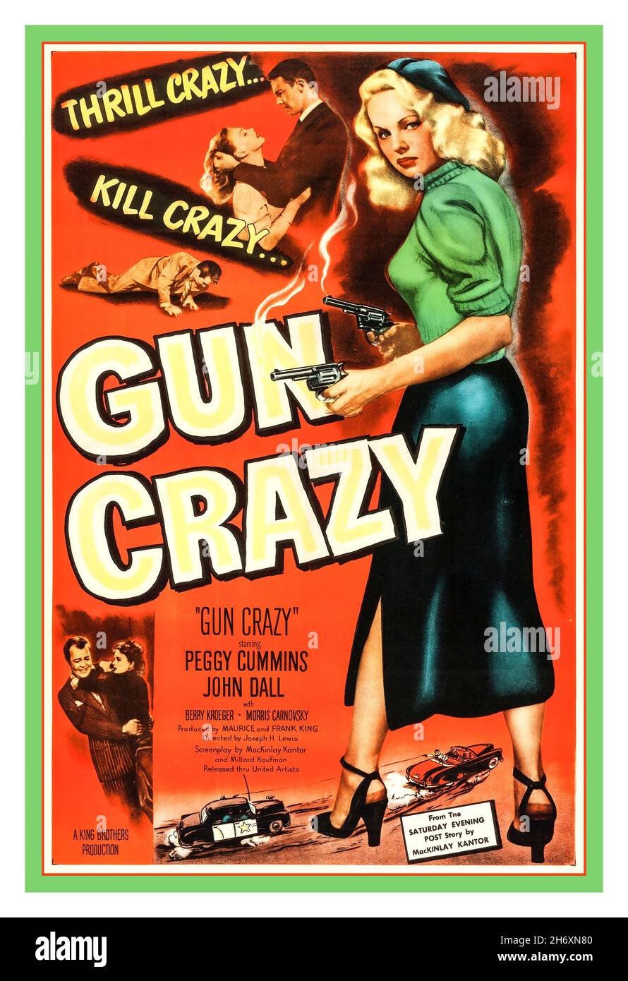GUN CRAZY 1950s Vintage movie film poster 'Gun Crazy' (also known as Deadly Is the Female) ia 1950 American crime film noir starring Peggy Cummins and John Dall in a story about the crime-spree of a gun-toting husband and wife. It was directed by Joseph H. Lewis, and produced by Frank and Maurice King.The screenplay by blacklisted writer Dalton Trumbo—credited to Millard Kaufman because of the blacklist—and by MacKinlay Kantor was based upon a short story by Kantor. In 1998, Gun Crazy was selected for preservation in the United States National Film Registry Stock Photo