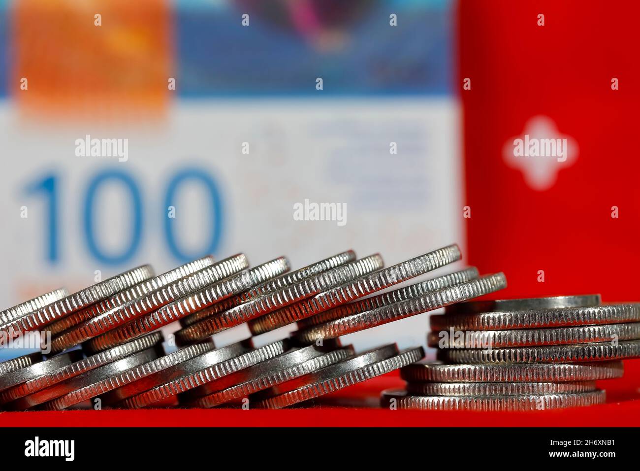 Swiz Coin A group of Swiss coins and in the background is a banknote and the ...