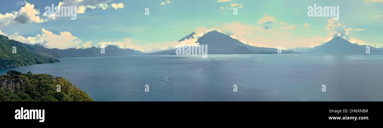 Volcano panorama, Lake Atitlan, Guatemala Stock Photo