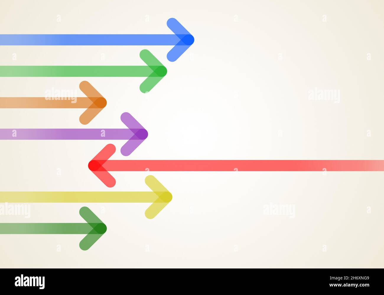 Red arrow pointing opposite direction (left) than a group of colorful arrows (right). Abstract individuality, majority & minority infographic concept. Stock Photo