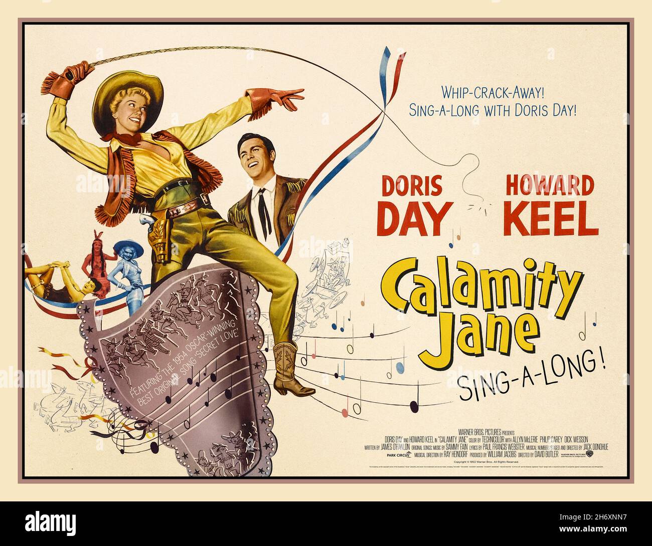 Calamity Jane, vintage movie film poster 1953 American Technicolor Western musical film directed by David Butler and starring Doris Day and Howard Keel. The musical numbers were staged and directed by Jack Donohue . The film is loosely based on the life of Wild West heroine Calamity Jane (Doris Day) and explores an alleged romance between her and Wild Bill Hickok (Howard Keel). It was devised by Warner Bros. in response to the success of Annie Get Your Gun and was Oscar-nominated for Scoring of a Musical Picture and Best Sound. Stock Photo