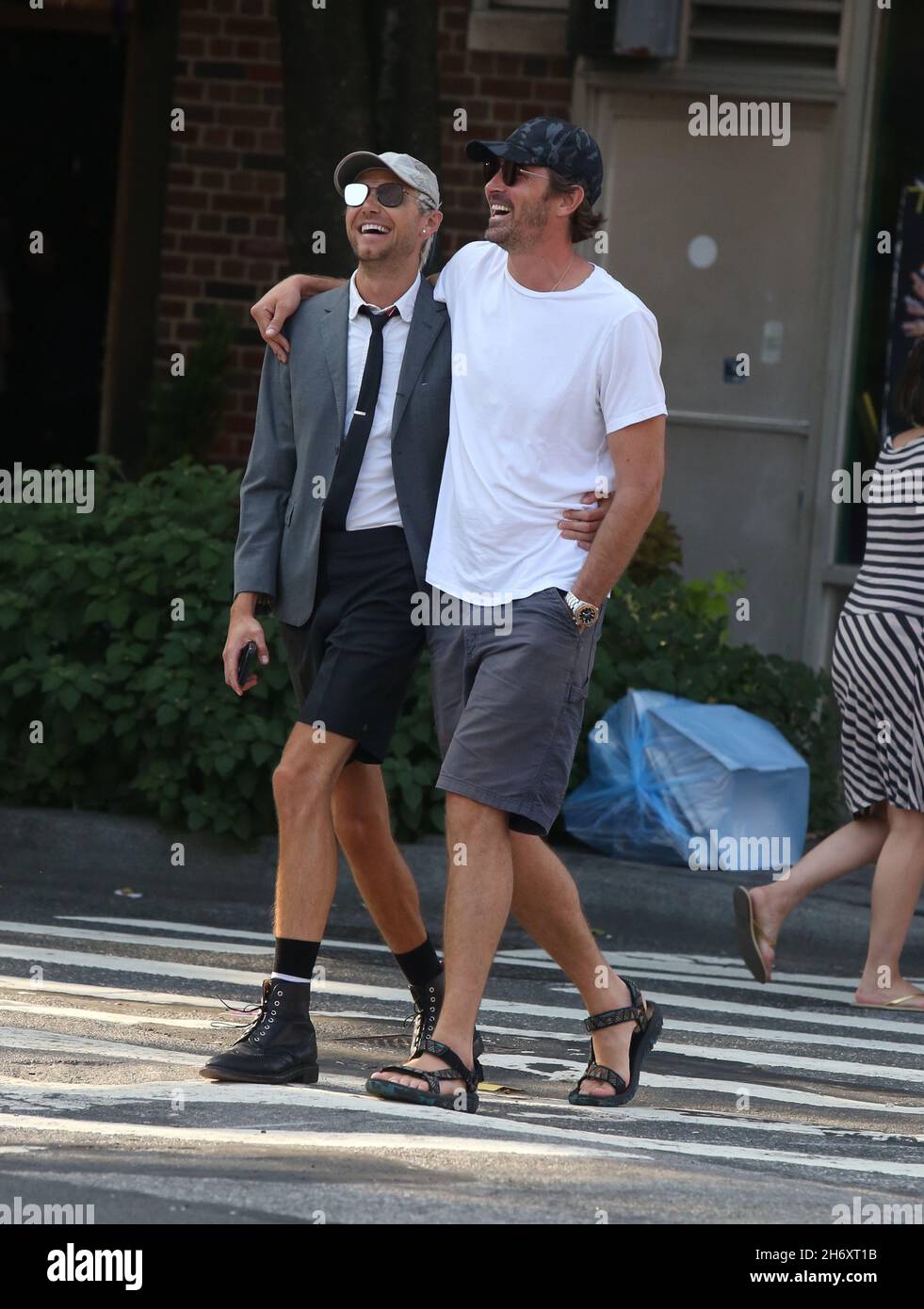 New York - NY - 08/16/2019 - Lee Pace and boyfriend Matt Foley leaving a restaurant after having an early dinner in the West Village  -PICTURED: Lee PaceMatt Foley Stock Photo