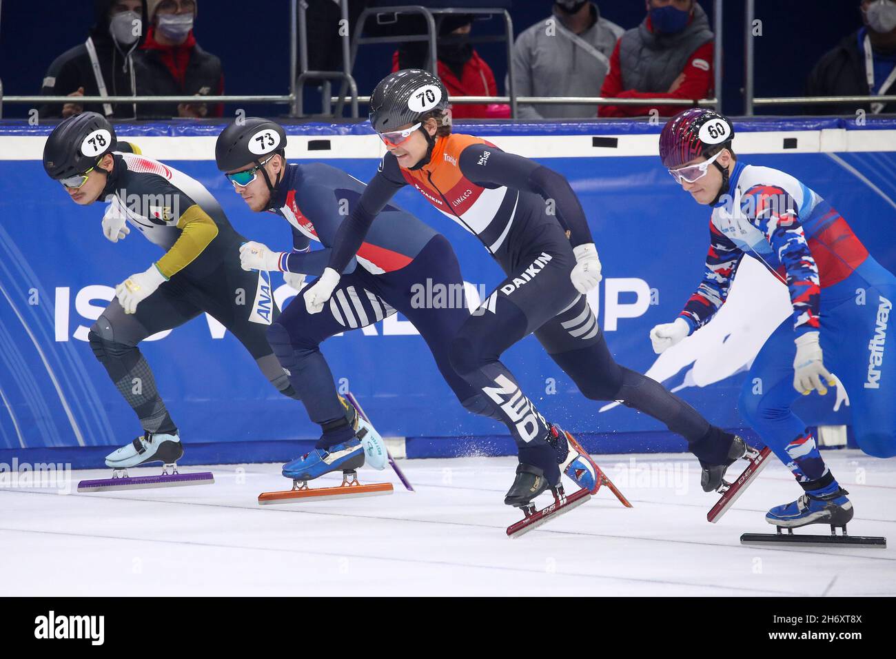 DEBRECEN, HUNGARY - NOVEMBER 18: Kota Kikuchi of Japan, Quentin Fercoq of France, Melle van 't Wout of The Netherlands, Daniil Eibog of Russia competing during the ISU World Cup Short Track Speed Skating at Fonix Arena on November 18, 2021 in Debrecen, Hungary (Photo by Istvan Derencsenyi/Orange Pictures) Stock Photo