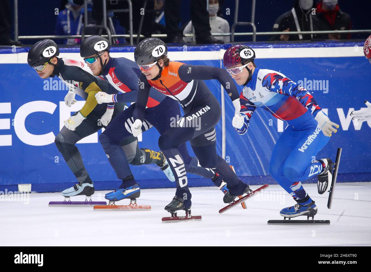 DEBRECEN, HUNGARY - NOVEMBER 18: Kota Kikuchi of Japan, Quentin Fercoq of France, Melle van 't Wout of The Netherlands, Daniil Eibog of Russia competing during the ISU World Cup Short Track Speed Skating at Fonix Arena on November 18, 2021 in Debrecen, Hungary (Photo by Istvan Derencsenyi/Orange Pictures) Stock Photo