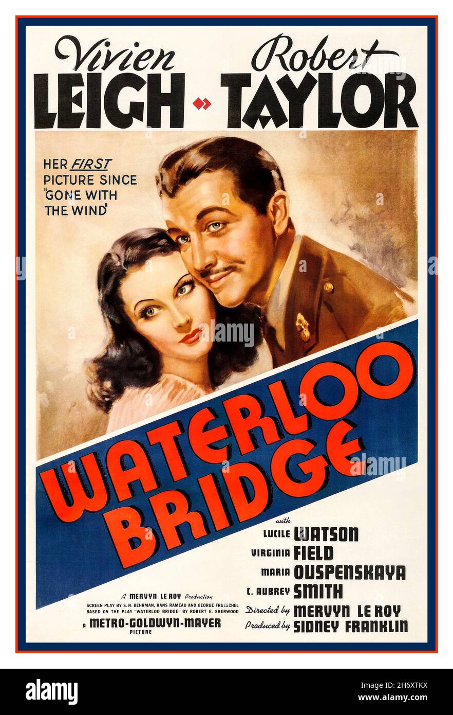 Vintage Movie film poster Waterloo Bridge starring Vivien Leigh and Robert Taylor, is  1940 remake of the 1931 American drama film also called Waterloo Bridge, adapted from the 1930 play Waterloo Bridge. In an extended flashback narration, it recounts the story of a dancer and an army captain who meet by chance on Waterloo Bridge. The film was made by Metro-Goldwyn-Mayer, directed by Mervyn LeRoy and produced by Sidney Franklin and Mervyn LeRoy. The screenplay is by S. N. Behrman, Hans Rameau and George Froeschel, based on the Broadway drama by Robert E. Sherwood. The music is by Herbert Stoth Stock Photo