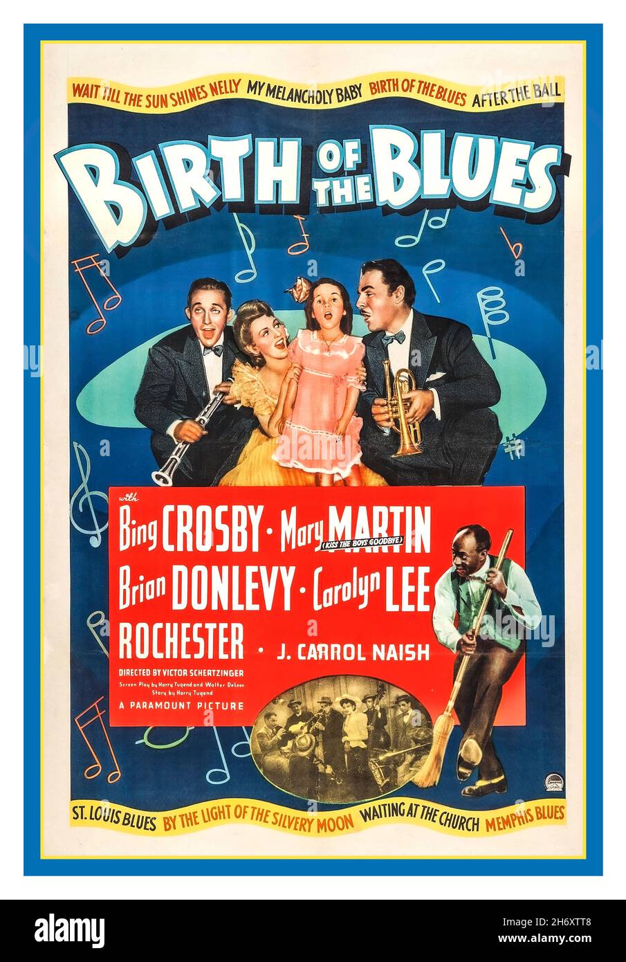 BING CROSBY Vintage Movie Film Poster 'Birth of the Blues'  a 1941 American musical film directed by Victor Schertzinger and starring Bing Crosby, Mary Martin and Brian Donlevy. The plot loosely follows the origins and breakthrough success of the Original Dixieland Jazz Band in New Orleans. It was well-received by critics on its release. It was nominated for an Academy Award for Best Original Score. Stock Photo