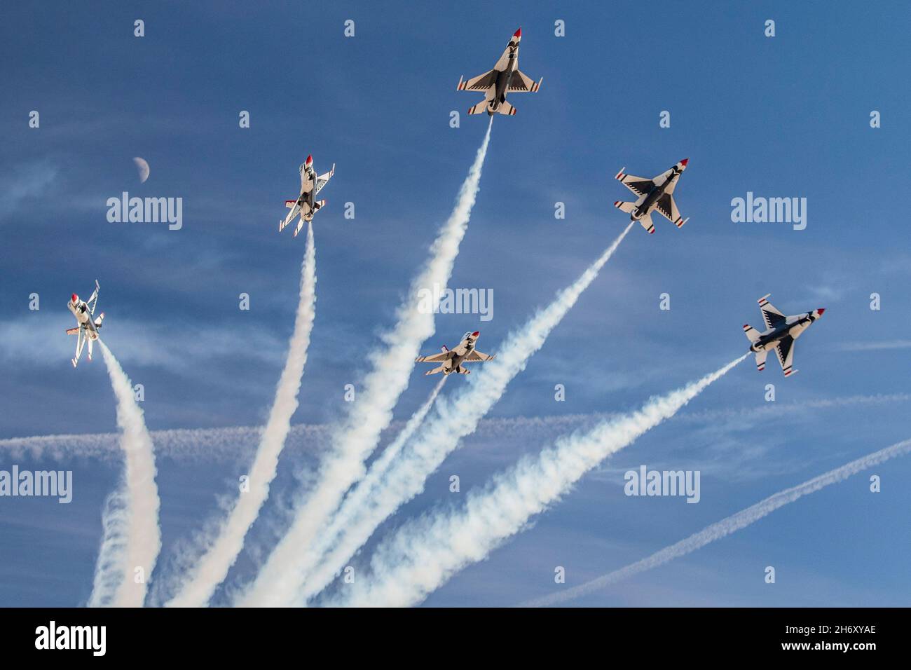 Las Vegas, Nevada, USA. 10th Nov, 2021. The USA Air Force Air Demonstration Squadron 'Thunderbirds' perform a high show practice before their final demonstration of the 2021 season on November 10, 2021, at Nellis Air Force Base, Nevada. The team has several iterations of their demo to accommodate different weather and visibility conditions. Credit: U.S. Air Force/ZUMA Press Wire Service/ZUMAPRESS.com/Alamy Live News Stock Photo