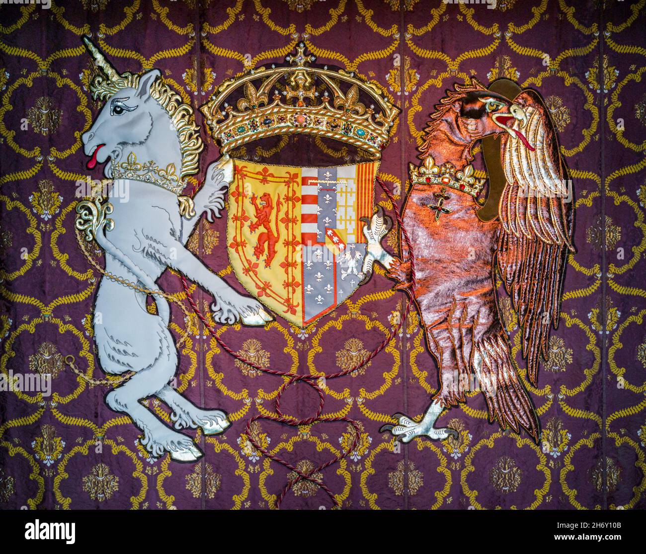 Royal Scottish King coat of arms of House of Stuart with unicorn & eagle embroidered tapestry, Stirling Castle, Scotland, UK Stock Photo