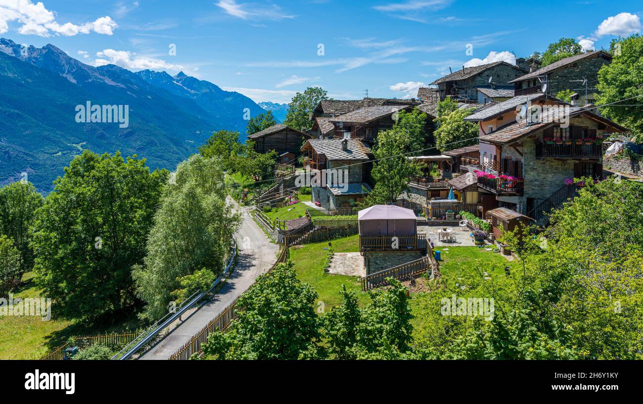 The picturesque village of Petit Rhun near Saint Vincent. Aosta Valley, northern Italy. Stock Photo