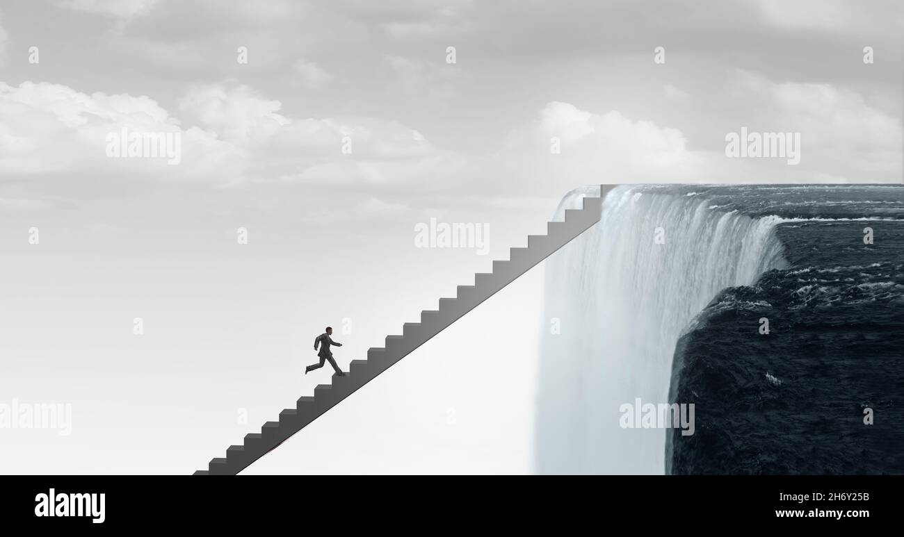 Fear and courage concept and headed for danger business idea as a man climbing stairs towards a waterfalls as a metaphor and symbol of risk. Stock Photo