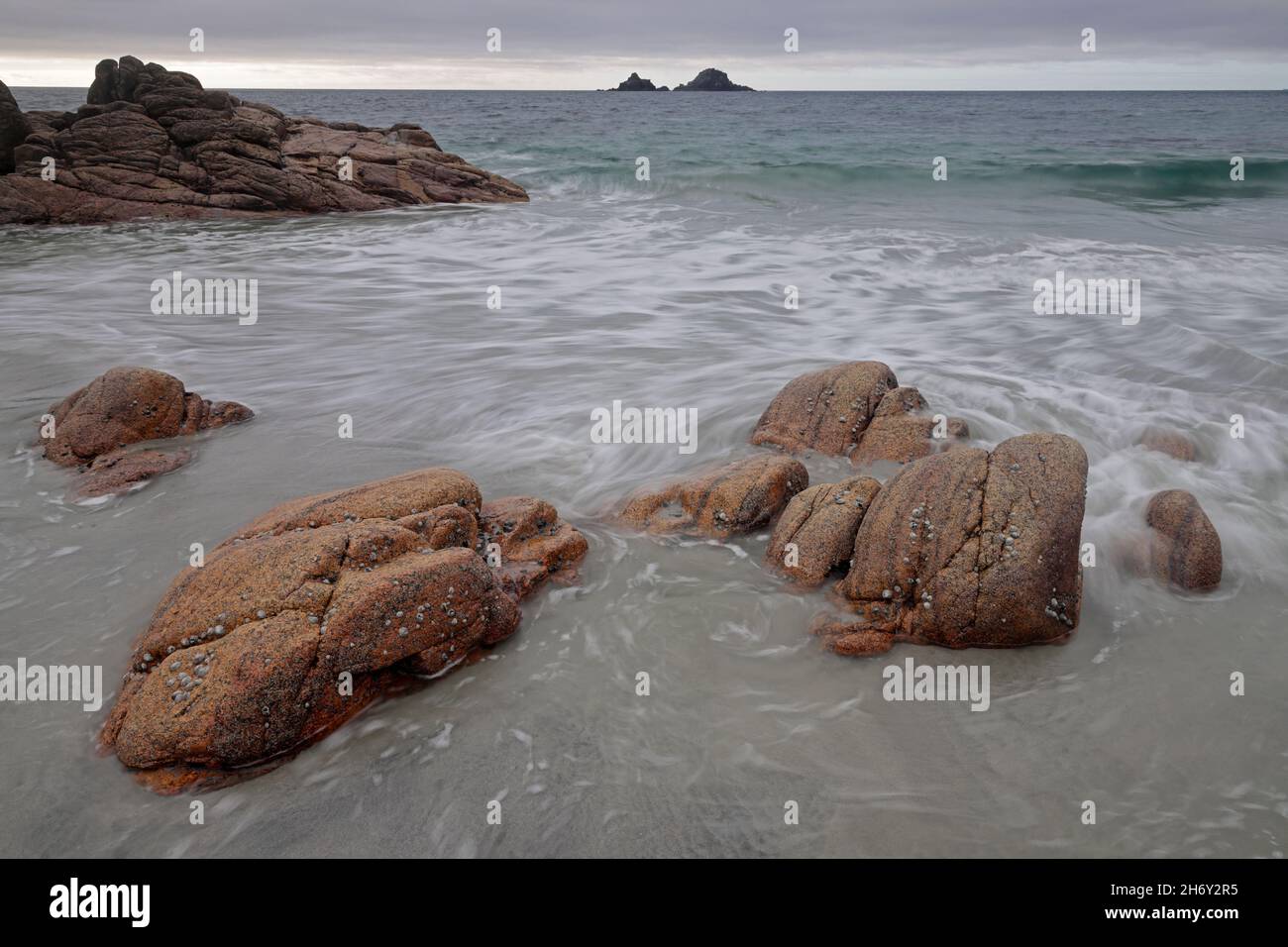 View of Porth Nanven beach with the Brisons in the background North Cornwall UK Stock Photo