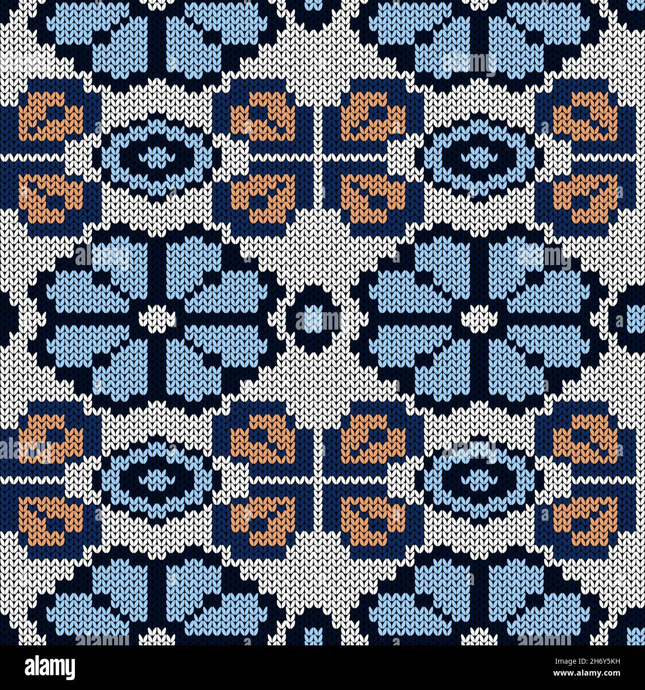 Ornamental knitting seamless vector pattern in blue and orange hues as ...