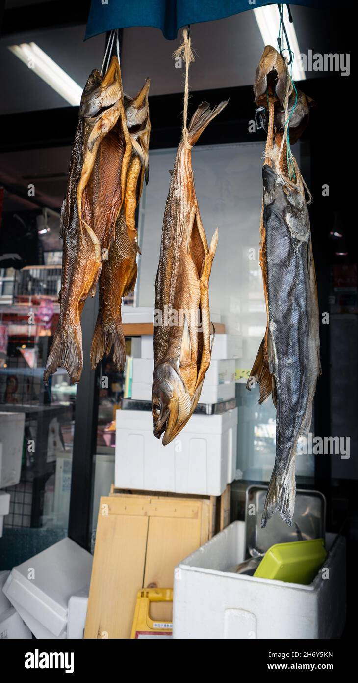 Merchants sale dry fish in famous Tsukiji fish market. Area around the biggest wholesale fish