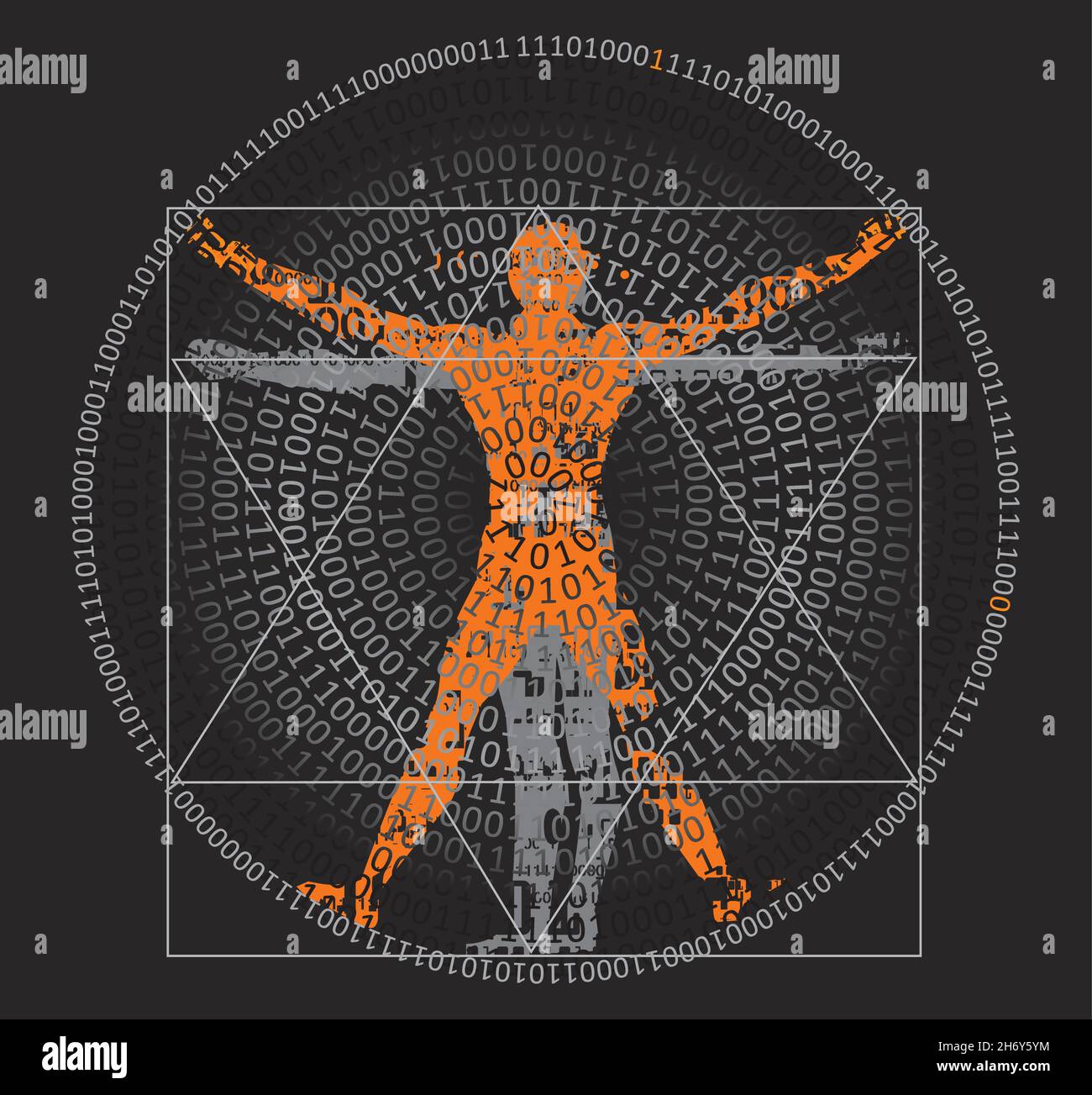 Vitruvian man with binary code, digital age concept.Stylized drawing of vitruvian man with spiral of binary codes on black background.Vector available Stock Vector