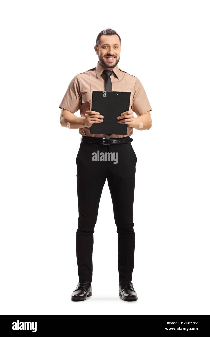 Full length portrait of a security guard holding a clipboard and ...