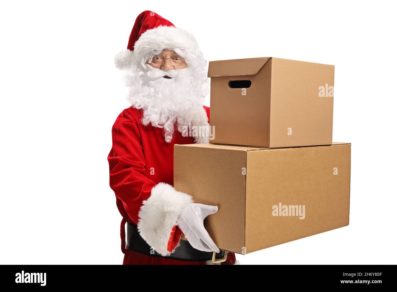 Smiling santa claus carrying cardboard boxes isolated on white ...