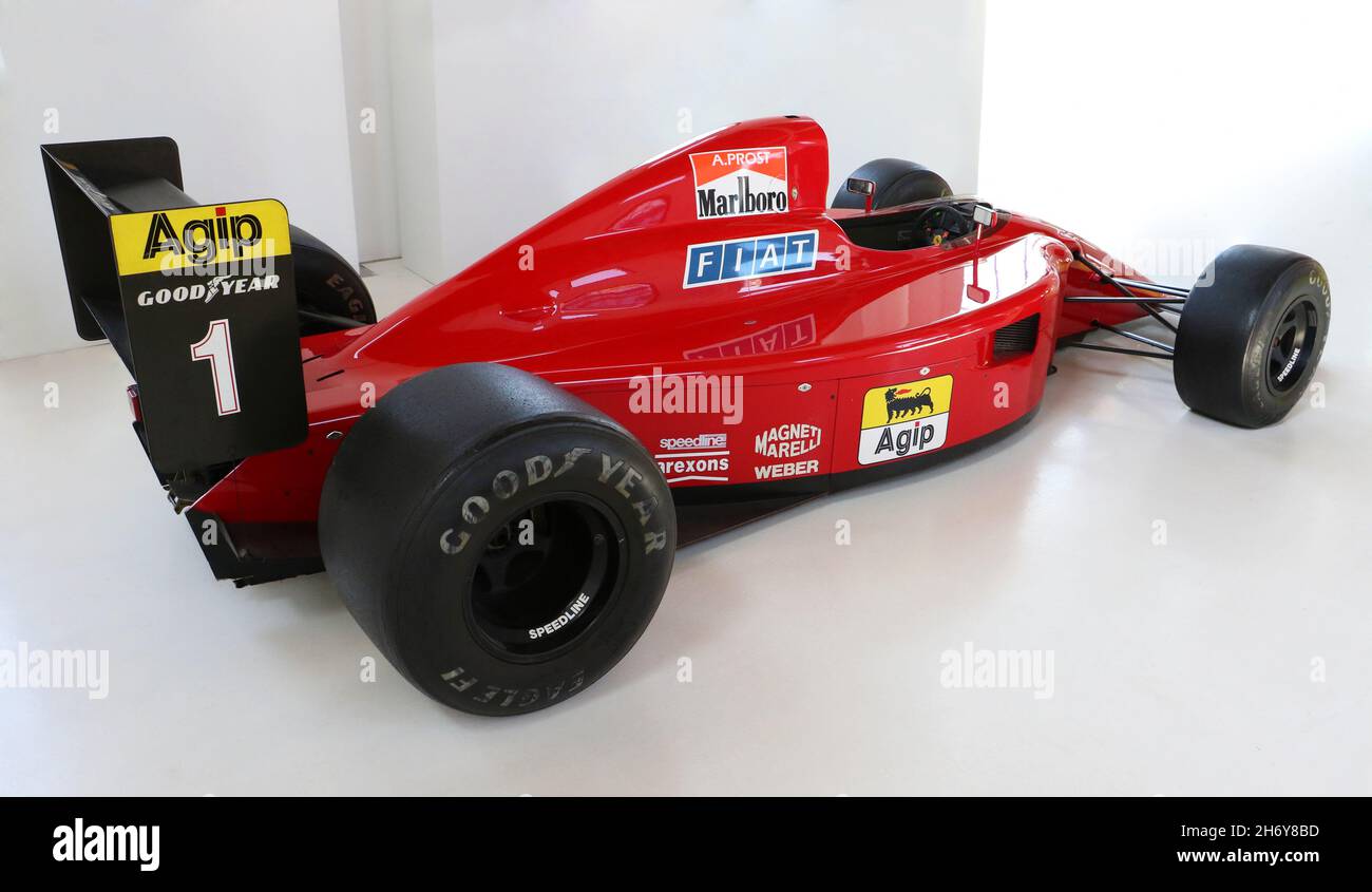 Alain Prosts classic Ferrari Formula one race car in display in white room Stock Photo