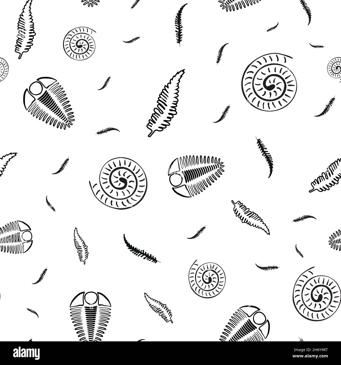 Ammonite trilobite fern vector seamless pattern background. Hand drawn ...