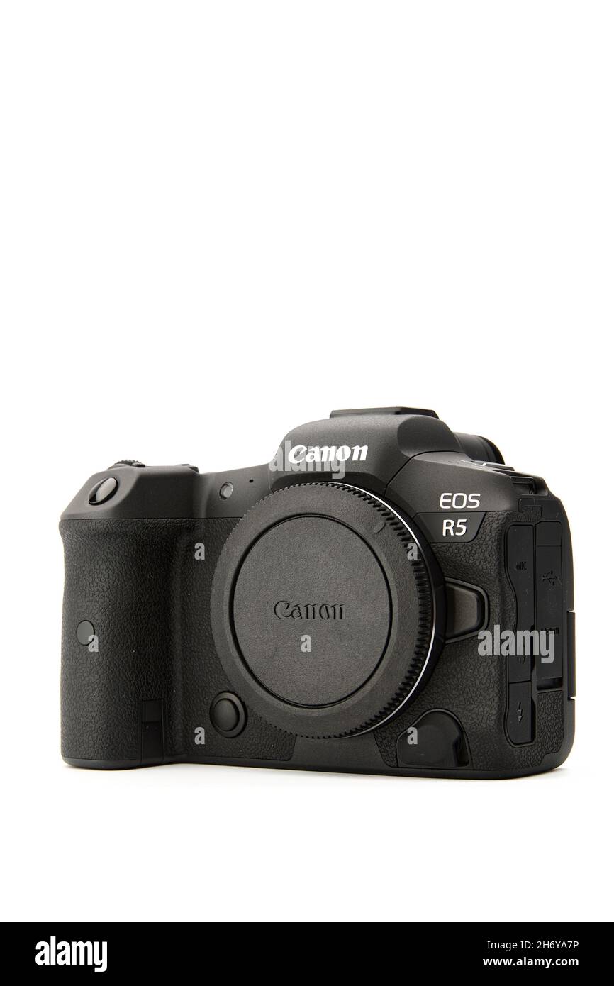Canon EOS R5 Mirrorless Digital Camera with 8k raw video on a white