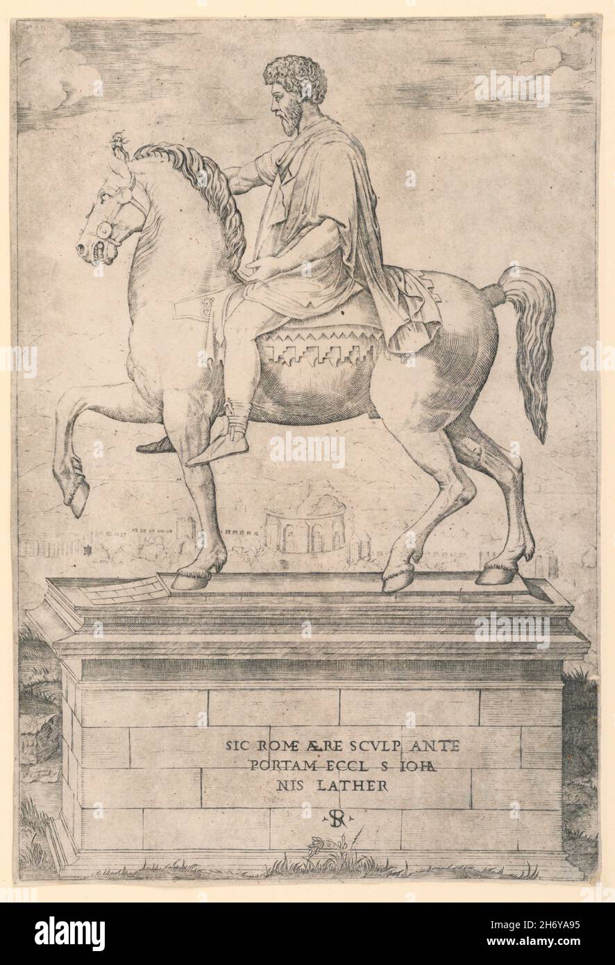 Equestrian statue of Roman emperor and stoic philosopher Marcus Aurelius in side view on a pedestal, print by Marco Dente, Italian, ca. 1525 Stock Photo