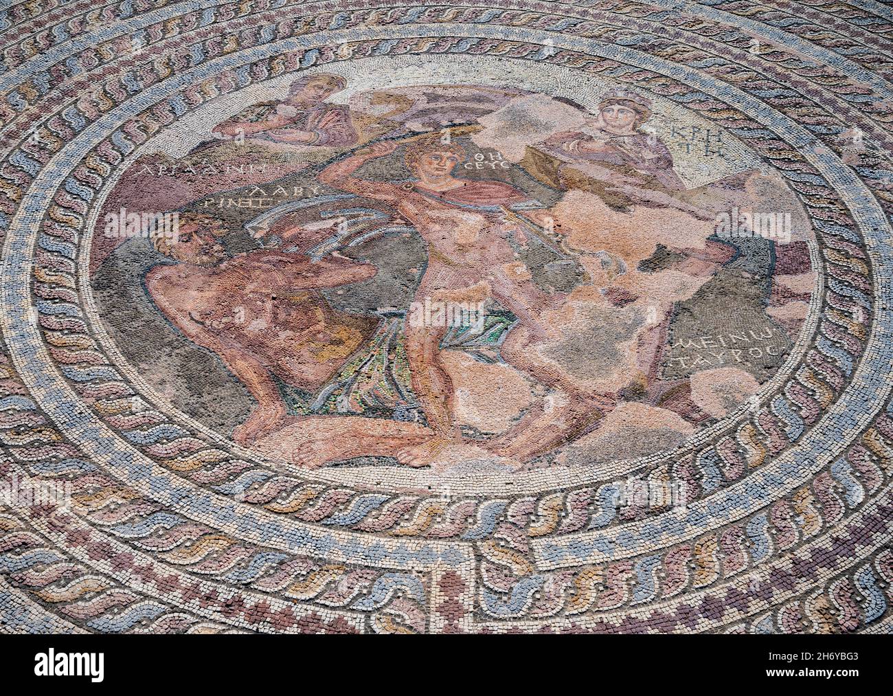 Roman mosaic depicting Thesis and the Minotaur in the House of Theseus in Nea Paphos Archeological, Cyprus Stock Photo
